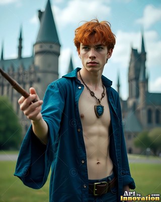 Holding a wand, a red-haired young man in a plain blue dress shirt stands outside a castle