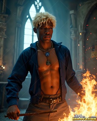 Man with blond hair stands by fire holding a wand