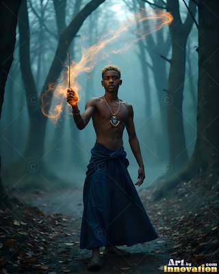 Bare-chested in a blue wrap, a young man raises a wand trailing orange fire in a misty wood