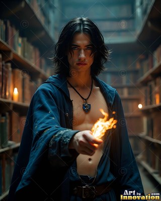 A dark-haired man holds yellow flames in a pale blue robe among library shelves