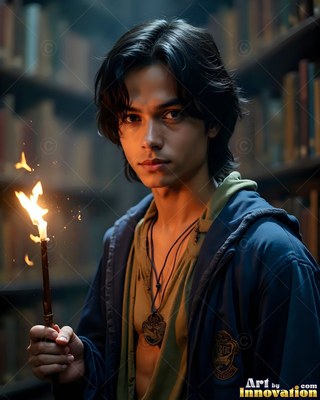 Facing forward in a dim library, a young man carries up a burning wand