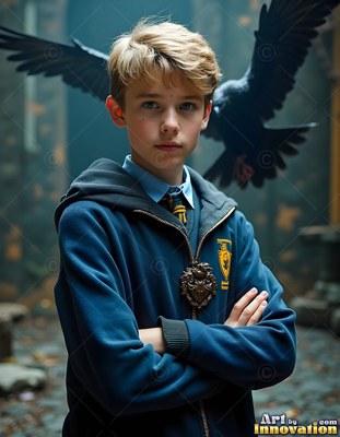 In a stone courtyard, a young blond man poses standing with a black raven flying behind him