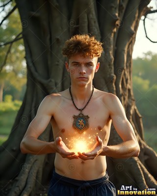 Holding bright yellow light in his cupped hands, a shirtless young man stands by a tree