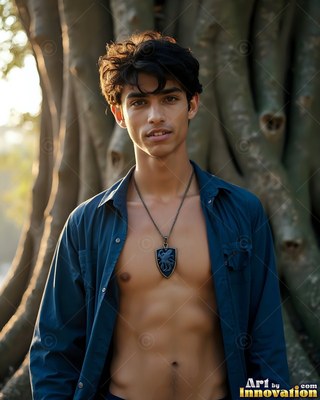 A shirtless young man in a plain blue dress shirt outdoors