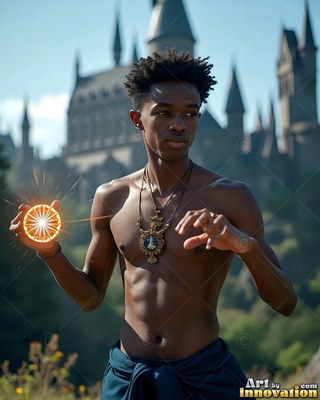 Wearing a large necklace before a distant castle, a shirtless young man carries a bright orange spark