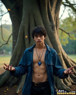 A young man stands with open hands in front of a tree under soft outdoor light