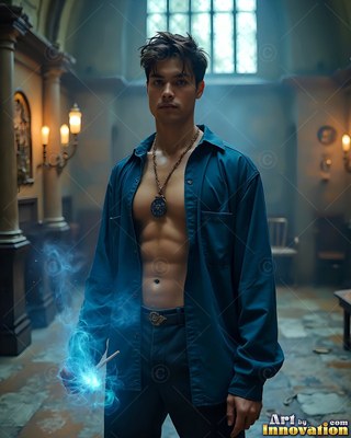 Facing forward in a stone hall, a shirtless man in a blue dress shirt holds blue light