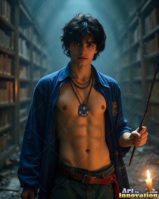 A bare-chested young man in an open blue shirt holds a wand in a dim library aisle