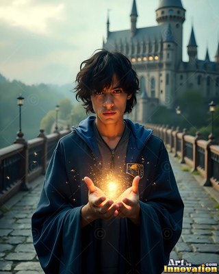 On a stone bridge by a castle, a young man grips a bright light in his hands