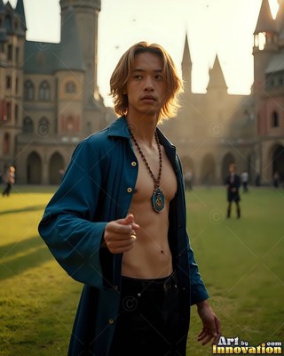 Standing in a castle courtyard, a young man wears a bright blue robe and a necklace