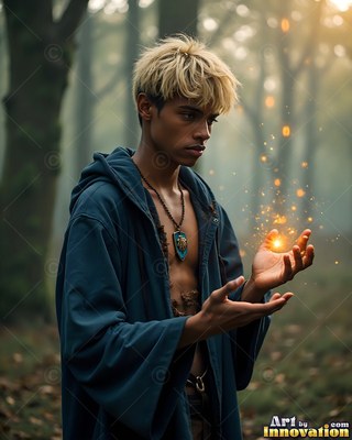 A young man in a blue robe holding bright sparks in a forest