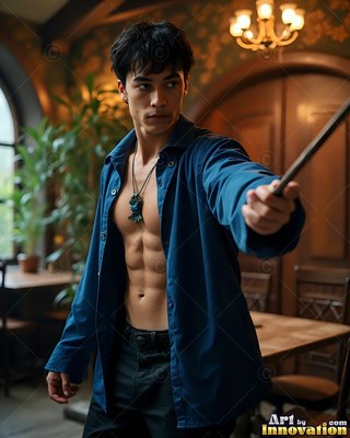 Wearing an open blue shirt, a man aims a wooden wand inside a warm room