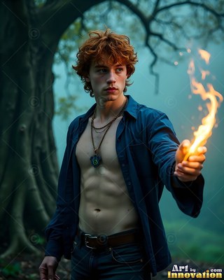 A red-haired man holds a yellow flame in his hand under dim blue forest light