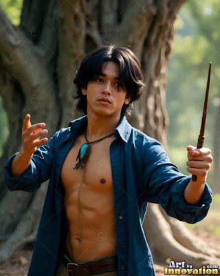 Standing in a forest, a shirtless man in a pale blue dress shirt holds a wooden wand