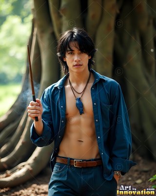 A young man in a pale blue uniform shirt holds a thin wooden wand near a tree