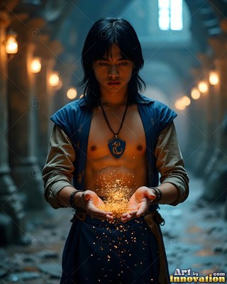In a stone hallway, a young man holds bright yellow sparks in his bare hands