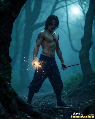 Holding bright sparks in his hand, a shirtless man stands in a foggy blue forest