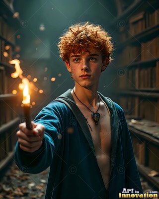 Young red-haired man holding a burning wand in a dim library