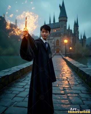 Wearing a black robe and tie, a young man raises a wand on a wet stone bridge by a castle