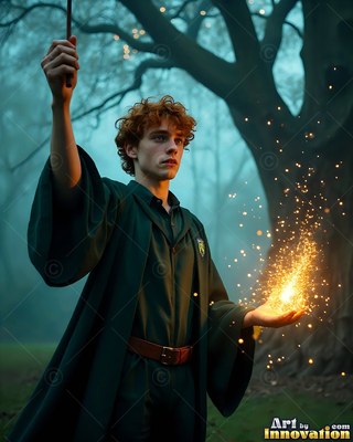 A young man raises a wand and creates bright golden sparks in misty woods