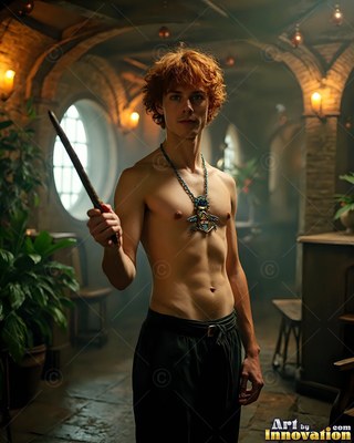 Facing forward in a stone hall, a shirtless man holds up a wooden wand