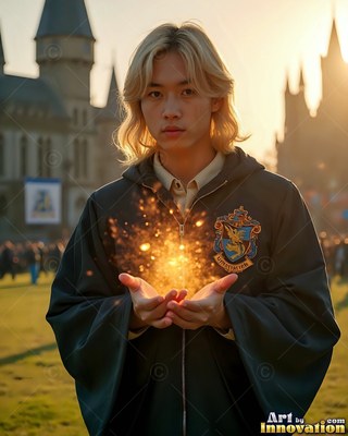 A blond young man in a dark robe holds bright sparks outside a castle