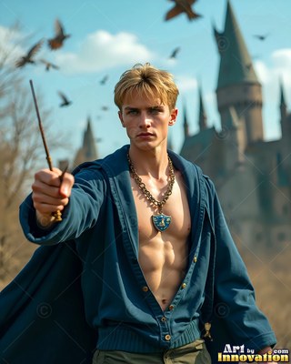 Outside a castle, a blond man in an open blue robe points a wand forward