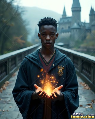 Holding sparks in cupped hands, a young Black man wears robes on a stone bridge