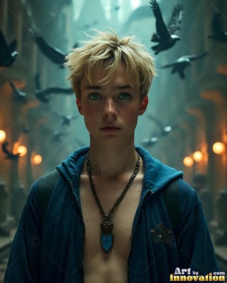 Blond young man in a clear blue robe with flying black birds