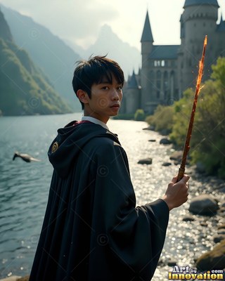 A young man in a black hooded cloak holds a wand by a mountain lake near a castle