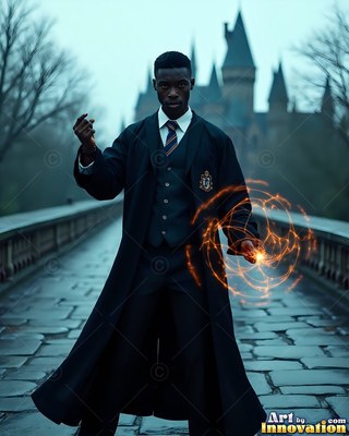 A man in a dark school robe casts a ring of orange sparks under dim blue light