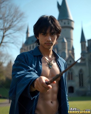 Facing forward outside a castle, a shirtless man points a wand