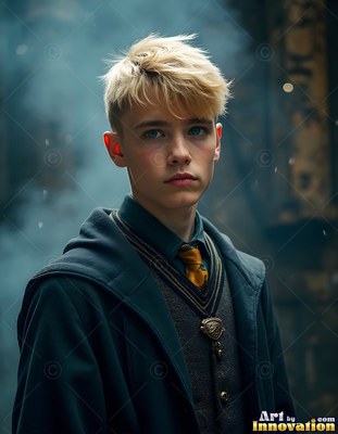 A blond young man in a dark school uniform stands in a smoky hall