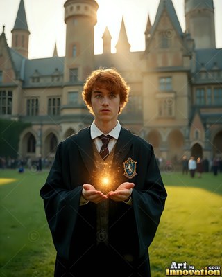 Outside a castle, a red-haired young man in black robes holds bright light in his hands