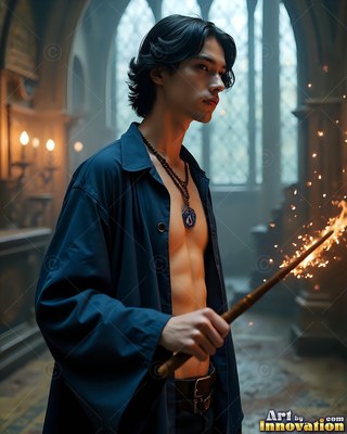 Holding a spark-lit wand, a young man wears an open navy blue robe in a stone hall