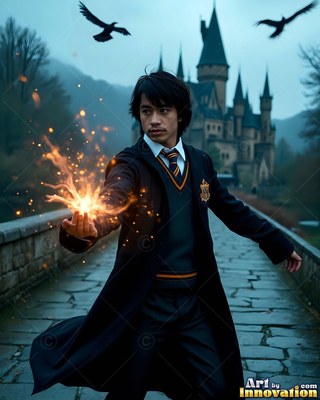 A young man holding fire by a castle with ravens above