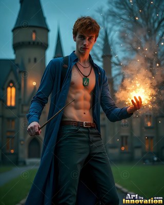 Wearing a bright blue robe, a young man clasps fire outside a stone castle