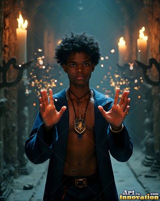 A young man clasps up his hands in an open blue coat beside warm candlelight