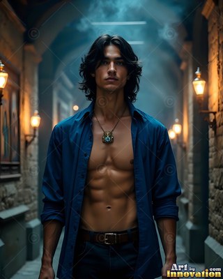 Standing straight in a stone hallway, a shirtless man wears a plain blue shirt