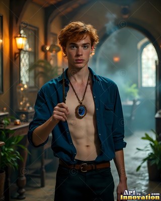 A red-haired young man poses standing with a plain blue uniform shirt and holds up a small wand