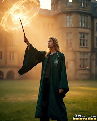 Outside a stone castle, a young man in green robes raises a wand with a circle of light