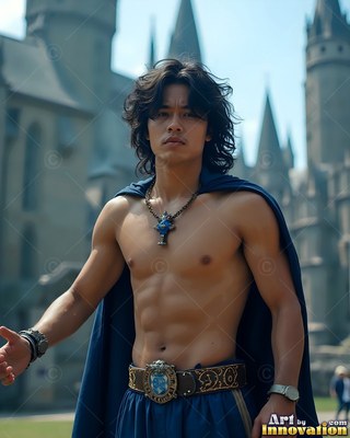 Standing outside a gray stone castle, a shirtless man wears a blue cape and medallion