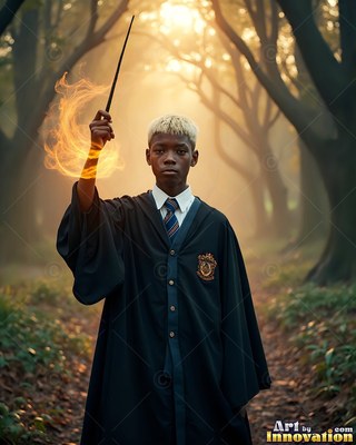 Young man in black robes holding a wand with orange fire