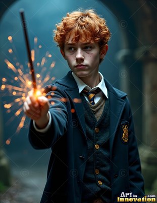 Curly red hair frames a young man in school robes raising a spark-tipped wand outdoors
