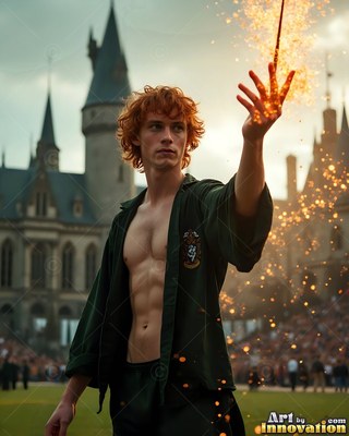 A red-haired man casts yellow sparks from his wand in front of a stone castle