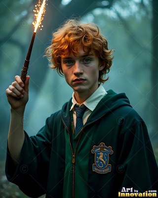 Facing forward in a dim forest, a red-haired young man grips up a sparking wand