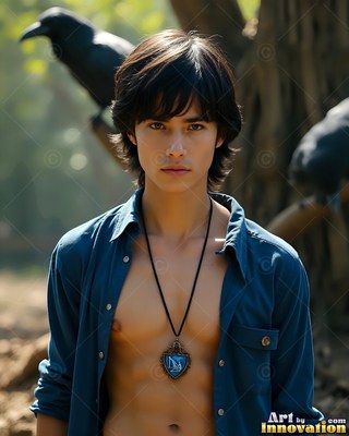 A young man in an open blue button-up shirt stands outdoors with black ravens behind him
