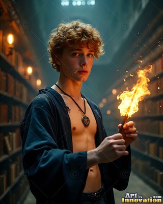In a dark library, a young man in an open robe holds a flaming wand