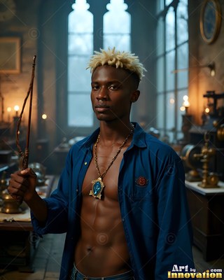 Holding a slender wand, a young Black man stands in an unbuttoned blue collared shirt
