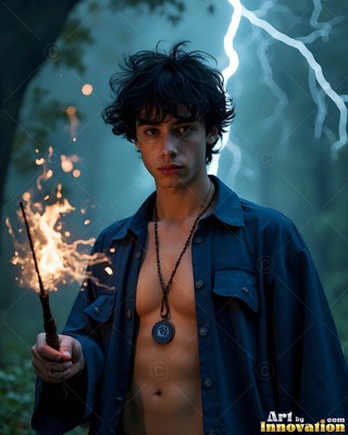 A young man in a bright blue shirt holds a burning wand in a storm